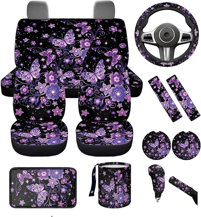 Dngkaoje Purple Butterfly Car Seat Covers Full Set 13 Pack Neon Purple Butterfly Car Accessories Set with Steering Wheel Covers,Universal Collapsible Garbage Bin,Cup Holders,Armrest Cushion Pad