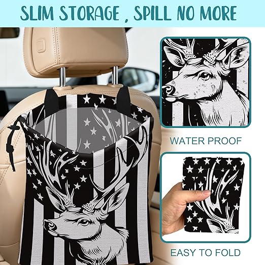 KXWQTRDD Black White American Flag Car Garbage Bag Deer Head Drawstring Car Trash Bag Hanging for Back Seat with Adjustable Buckle Canvas Vehicle Trash Can Easy-to-Install