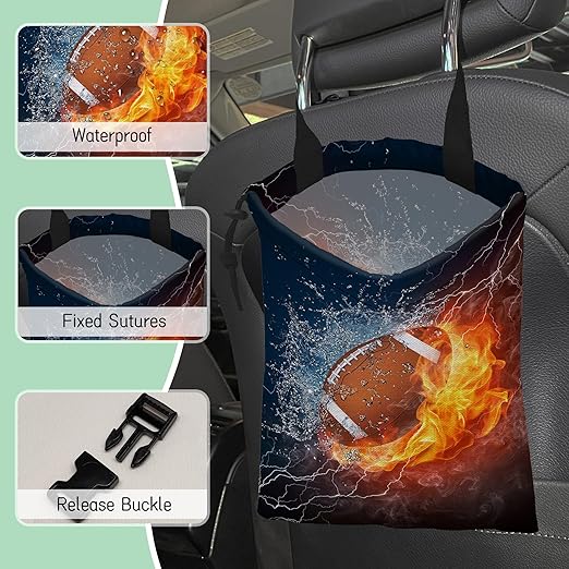 NHNXHWIA American Football Car Trash Bag,Fire and Water Hanging Drawstring Car Garbage Bag,Waterproof Canvas Car Back Seat Organizer with Adjustable Buckle,for Vehicles,SUVs,Camping,Road Trips