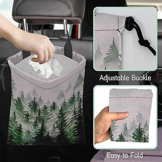 NHNXHWIA Misty Forest Car Trash Bag,Foggy Forest Mountains Hanging Drawstring Car Garbage Bag,Waterproof Canvas Car Back Seat Organizer with Adjustable Buckle,for Vehicles,SUVs,Camping,Road Trips