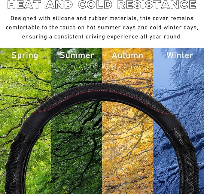 Car Steering Wheel Cover, 15 Inch Leather Round Comfy Grip Steering Wheel Protector, Anti-Slip Steering Wheel Cover with 3D Honeycomb for Most Vehicles, Car Accessories (Black)