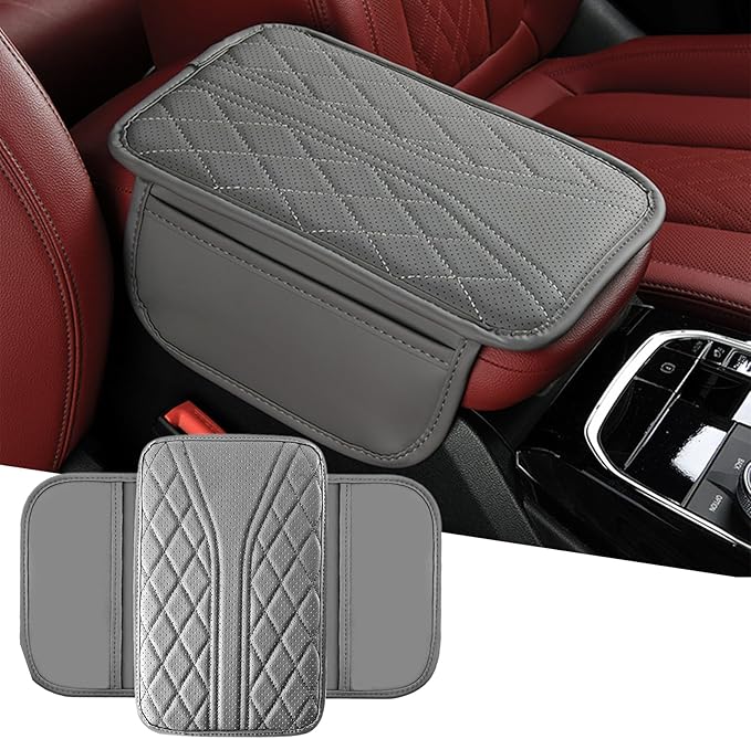 KoiLuvGo Upgraded Car Center Console Cover, Leather Auto Armrest Cover with 2 Storage Bags, Waterproof Center Console Protective Pad, Universal Cars Armrest Storage Box for Sedan, SUV, Truck (Gray)