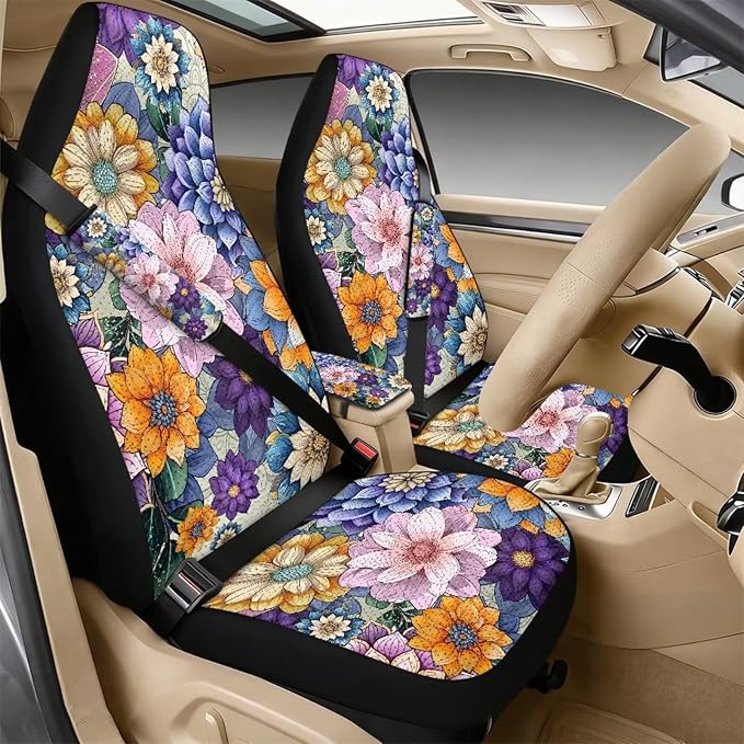 Qeluxign Automotive Seat Covers Colorful Hippie Flower 5 Piece Universal Fit Car Accessories with Soft 2 Pack Seat Belt Cover Pads and Center Console Armrest Covers for SUV Truck Interior Set