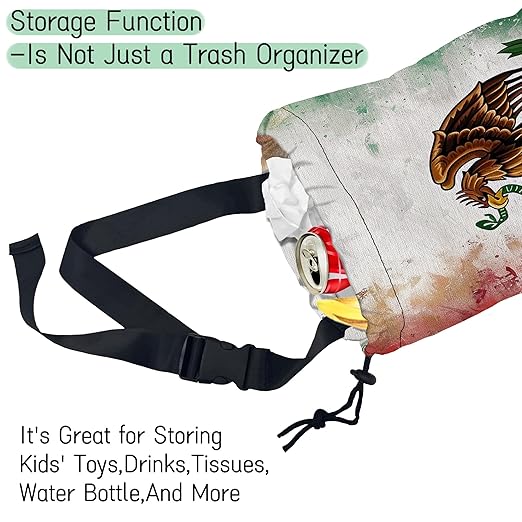 NHNXHWIA Vintage Mexico Flag Car Trash Bag,Hanging Drawstring Car Garbage Bag,Waterproof Canvas Car Back Seat Organizer with Adjustable Buckle,for Vehicles,SUVs,Camping,Road Trips