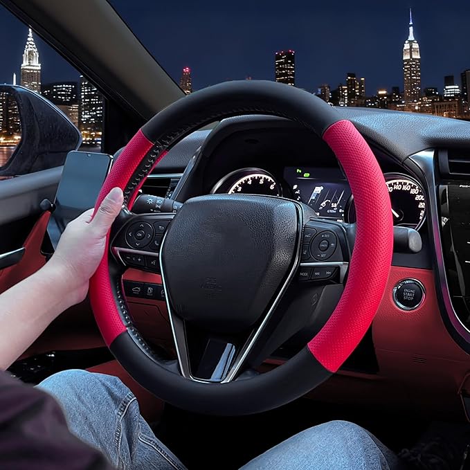 Mihecor Steering Wheel Cover Standard Size 14.5-15 inch, Non-Slip Car Wheel Cover Protector, Breathable Microfiber Leather, Black and Red