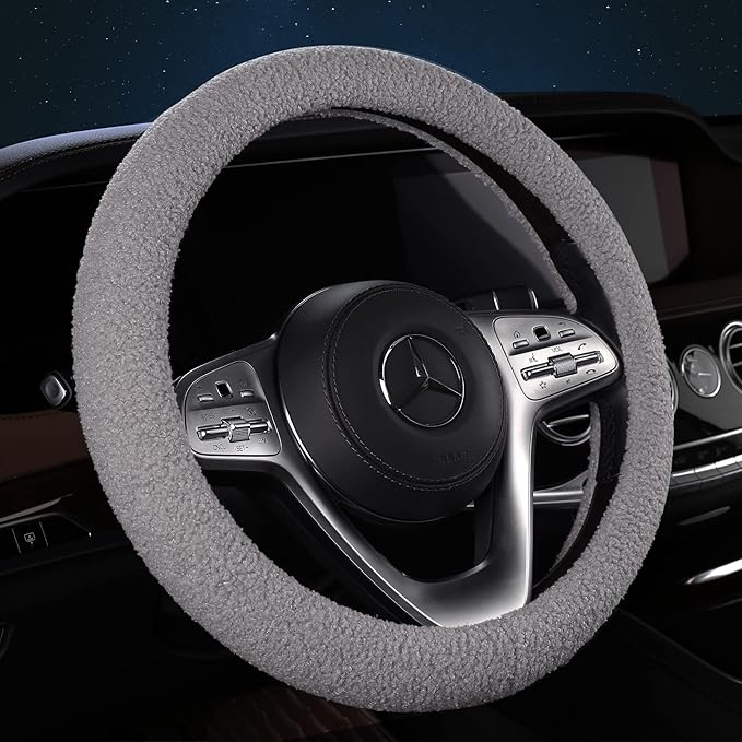 Furry Winter Car Steering Wheel Cover for Women, Soft Fleece Plush Warm Universal Auto Accessories for Jeep, Truck, Van, F150, Fuzzy, Anti Slip, Gray, Large Size, 15.2-16in