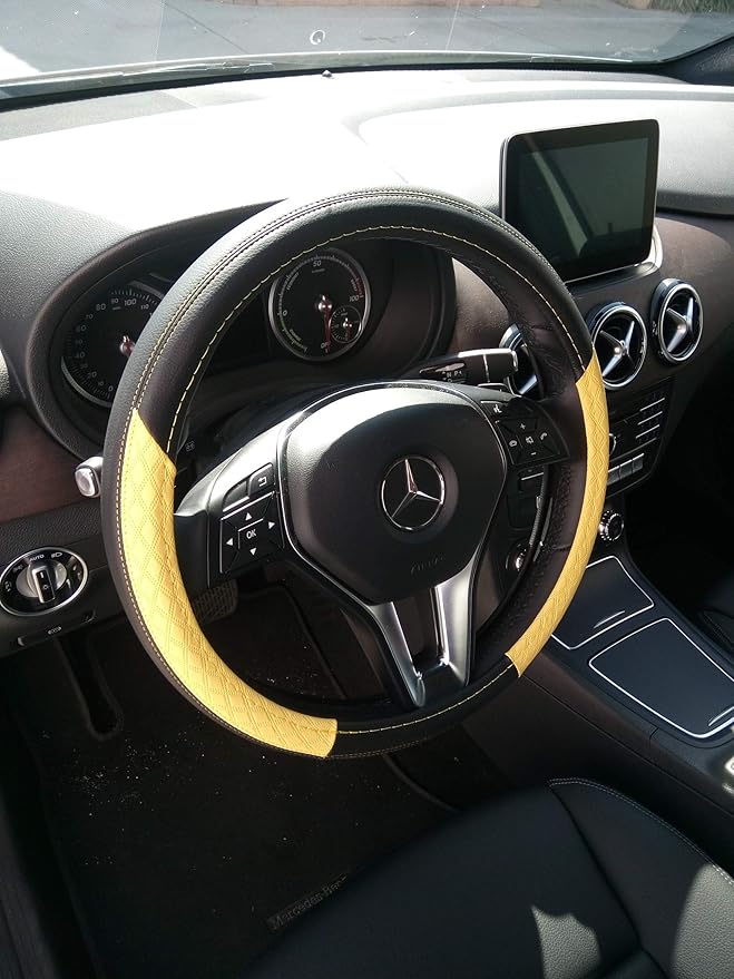 Jdragon Black & Yellow PU Leather Great Comfort Slip-On Steering Wheel Cover 14.25-15" Diameter