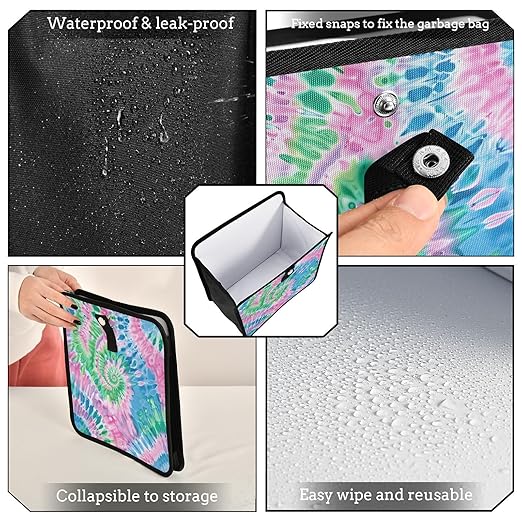 Car Trash Can Organizer Bin with Adjustable Strap for Back Front Seat Console Waterproof Leakproof Collapsible Portable 11 Inch Tie Dye Blue Green Pink