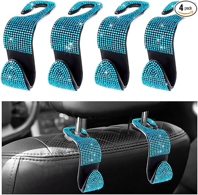 4 PCS Car Seat Headrest Hooks, Bling Crystal Rhinestone Back Seat Hanger Storage Organizer, Sparkly Seatback Holder Hooks for Purse and Bags Universal For Most Vehicles (Lake Blue)