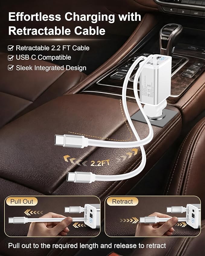 Retractable Car Charger USB C, 4 in 1 Fast Car Charging Adapter With 2 Flexible USB C Cable for iPhone 17 Samsung Android Phones, USBC Cigarette Lighter Gift for Men Car Gadget Electronics Accessories