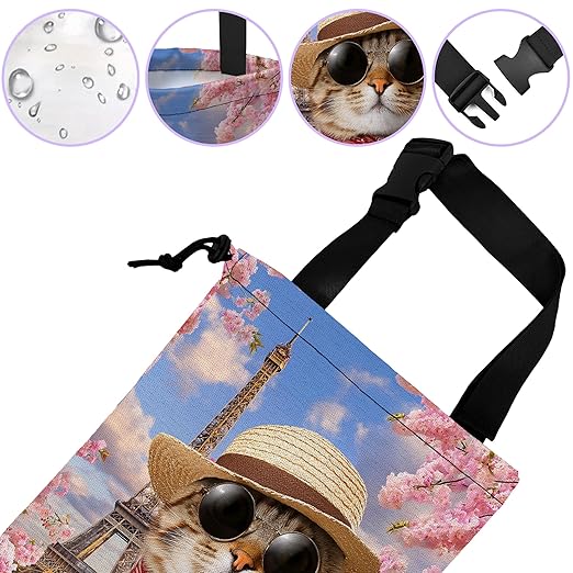 UUCBTAH Car Trash Bag Funny Cat and Eiffel Tower Car Garbage Bag Waterproof Car Trash Can for Back Seat with Adjustable Straps and Drawstring, Foldable Car Trash Bin for Car Accessories
