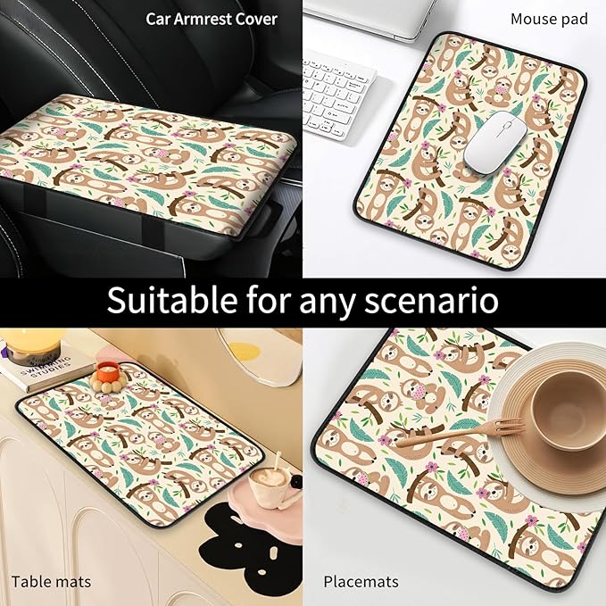 Car Center Console Cover, Universal Soft Large Neoprene Auto Armrest Seat Box Cover, Funny Car Decor Accessories Fit for Most Cars, Vehicles, SUVs Cute Sloth