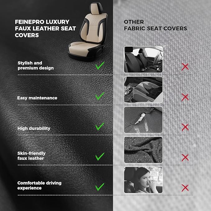 FEINEPRO Black and Beige Car Seat Covers Only Front 2pc - Breathable Faux Leather Universal Seat Covers for Cars, Automotive Protector Fit for Most Sedan SUV Pick-up Truck