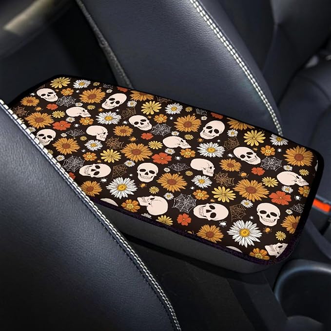 Skull Daisy Car Center Console Cushion Pad Protector Arm Rest Car Comfortable Auto Fashion Auto Interior Armrest Console Accessories Fit Most Cars, Truck, SUV, or Van