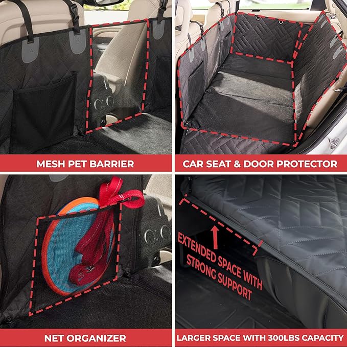 PetSuite Hard Bottom Dog Car Seat Cover for Back Seat – 300-lb Strength Pet Cover for Dogs with 40% Extra Space, Waterproof Nonslip Backseat Hammock for Cars & SUVs (Car or SUV)