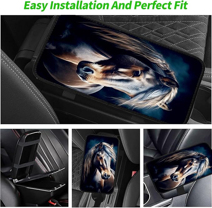 JANENFNA Car Armrest Cover Pads Universal Fashion Cute Auto Center Console Armrest Cover Pad with 2PCS Car Coasters Soft Waterproof Car Armrest Seat Protector for Women,Small Horse