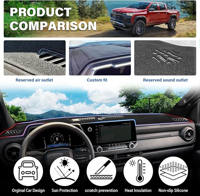 Dash Cover for Chevy Chevrolet Colorado/GMC Canyon 2023-2025 2026 Dashboard Cover Mat Non-Slip Center Console Protector Mat Sunshade (Red Trim)