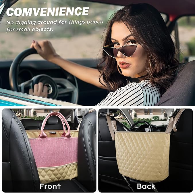 Car Organizers and Storage Purse Holder, Large Capacity Car Net Pocket Handbag Holder, Automotive Consoles & Backseat Organizer, Leather Back Seat Bag Between Car Front Seats, Beige
