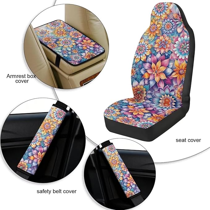 Qeluxign Hippie Flower Car Seat Covers Full Set Universal Fit Auto Front Seat Covers and Seatbelt Pads Armrest Cushion Gifts for Women Protect Your Car Interior