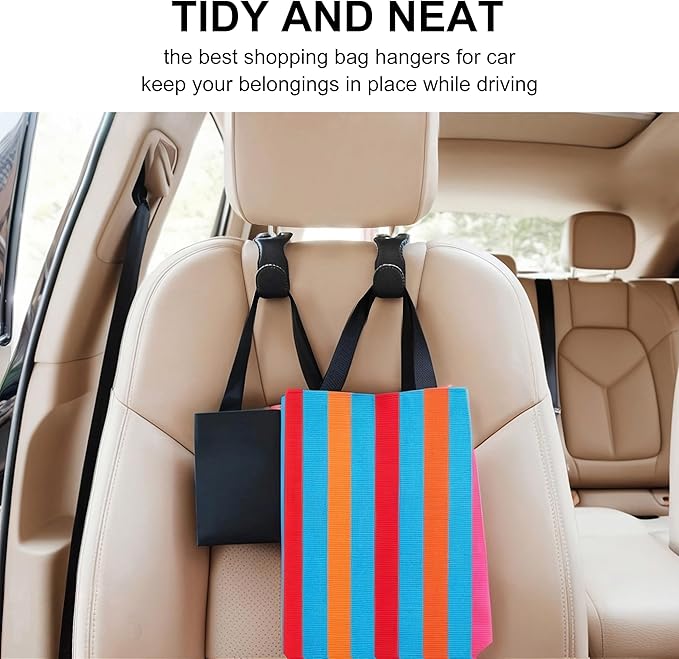 Headrest Hooks for Purses and Bags, 2 Pack Car Seat Hooks for Grocery Bag Handbag, Metal Car Purse Holder Covered by Leather, Black