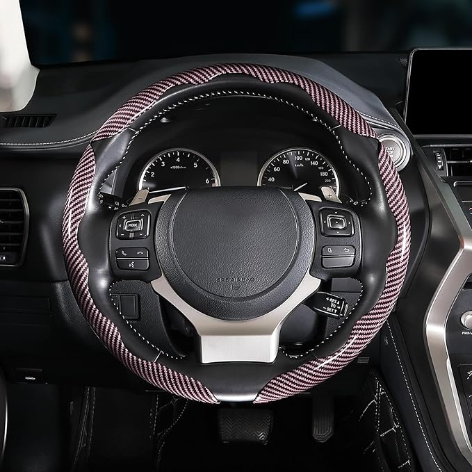 Car Steering Wheel Cover, 3 Piece Bright Carbon Fiber Steering Wheel Covers, Non-Slip Steering Wheel Cover Protector, Great Grip, Universal Car Accessories Decoration for 14.5-15 inch (Pink)