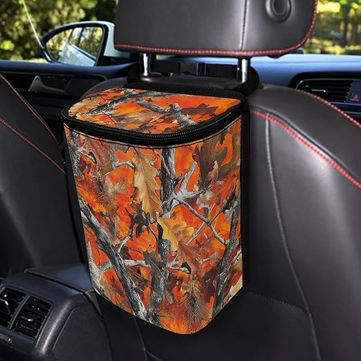 Orange Camo Hunting Forest Car Trash Can Leak-Proof Car Trash Bin Collapsible Portable Auto Garbage Bag Large Capacity Trashcan Storage Bag