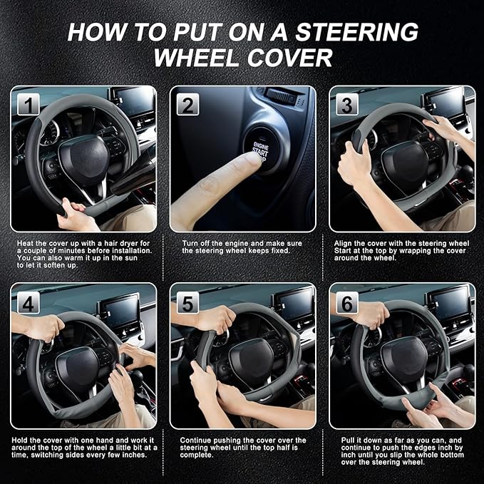 SEG Direct D Shaped Steering Wheel Cover for 14.5-15 inch Flat Bottom Wheels, Breathable Perforated Microfiber Leather, Anti-Slip Grip, Universal Fit for Cars & SUVs, Black and Gray