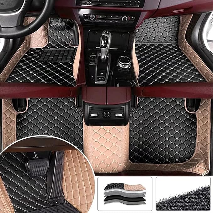 Custom Making Car Floor Mats for 96% Car Model Luxury Leather All Weather Waterproof Anti-Skid Full Coverage Liners (Black Beige and Beige)