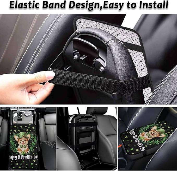 Bulopur St. Patrick's Dog Car Center Console Cover Protector Arm Rest Car Flannel Comfortable Auto Armrest Console Accessories Universal Fit Most Cars Women Men