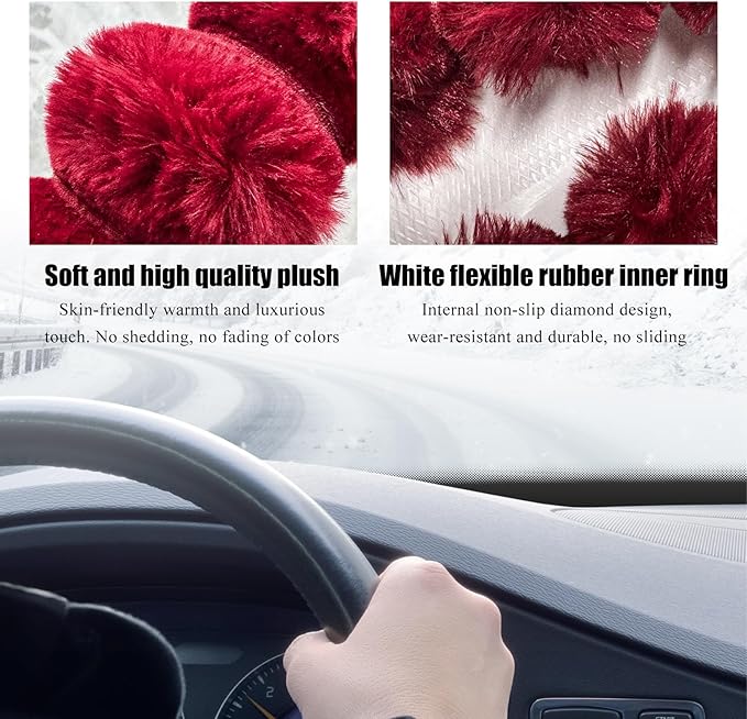 Fluffy Car Steering Wheel Cover, 14.5-15 Inches Anti-Slip Plush Fuzzy Steering Wheel Protector, Soft Warm Steering Wheel Cover Interior Decor for Women Girl, Car Accessories (Red)