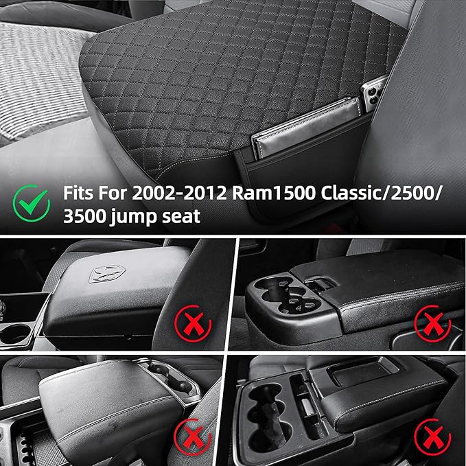 Center Console Cover Fit for 2002-2012 Ram 1500 2500 3500 Jump Seat Console, Comfortable Armrest Protector, Middle Console Cover, Car Arm Rest Cushion with 2 Side Pockets