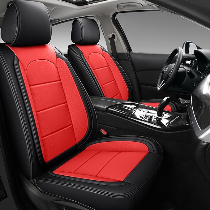 AOOG Leather Car Seat Covers with Car Backseat Organizer, Universal fit Automotive Vehicle Most Sedan SUV Pick-up Truck (Front Pair, Black&Red)