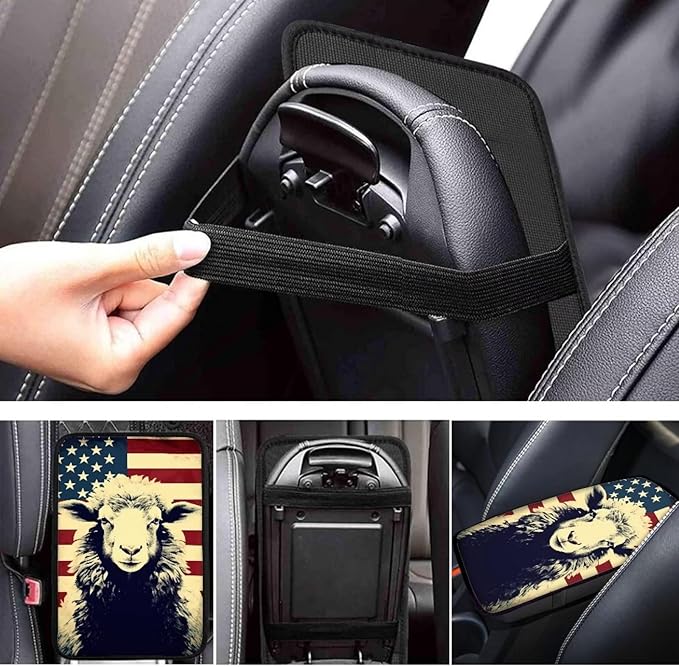 Car Center Console Pad, Universal Waterproof Car Armrest Seat Box Cover, Car Interior Accessories for Most Vehicle SUV Truck Vintage American Flag Sheep Car Armrest Pad