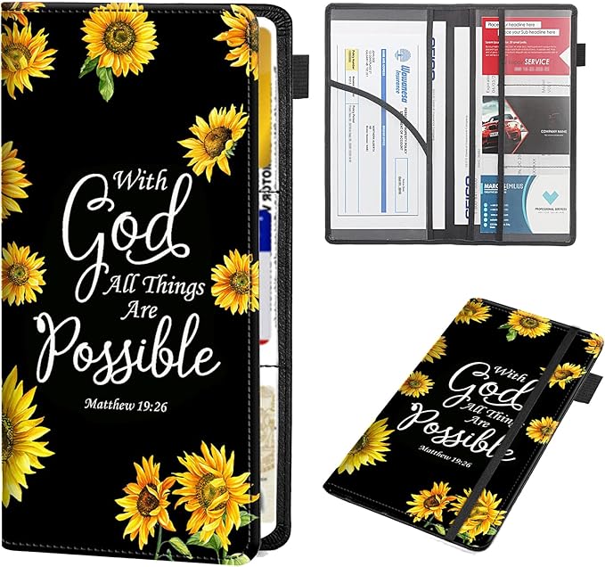 RAUEDWDJS Car Registration and Insurance Holder,Leather Vehicle Glove Box Organizer Wallet Case for Driver's License,ID Key Information Cards-Sunflower Matthew 19:26