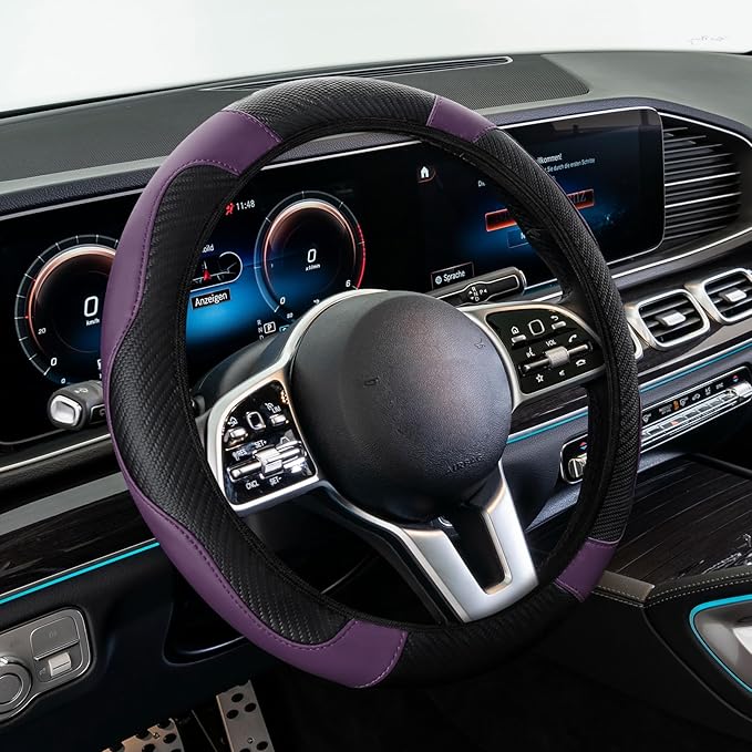 Car Steering Wheel Cover, Steering Wheel Cover Protector, 15 Inch Carbon Fiber Microfiber Leather Elastic Steering Wheel Protector, Car Steering Wheel Accessories for Vehicles (Black Purple)