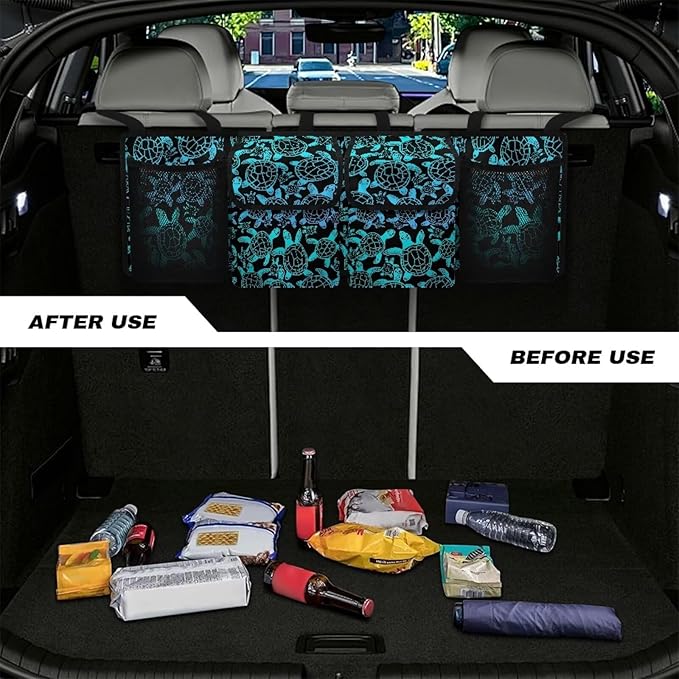Blue Turtle Print Car Trunk Organizers for Women Foldable Magnetic Cover Backseat Cargo Storage Bag with Elastic Net SUV, Truck, MPV Car Accessories