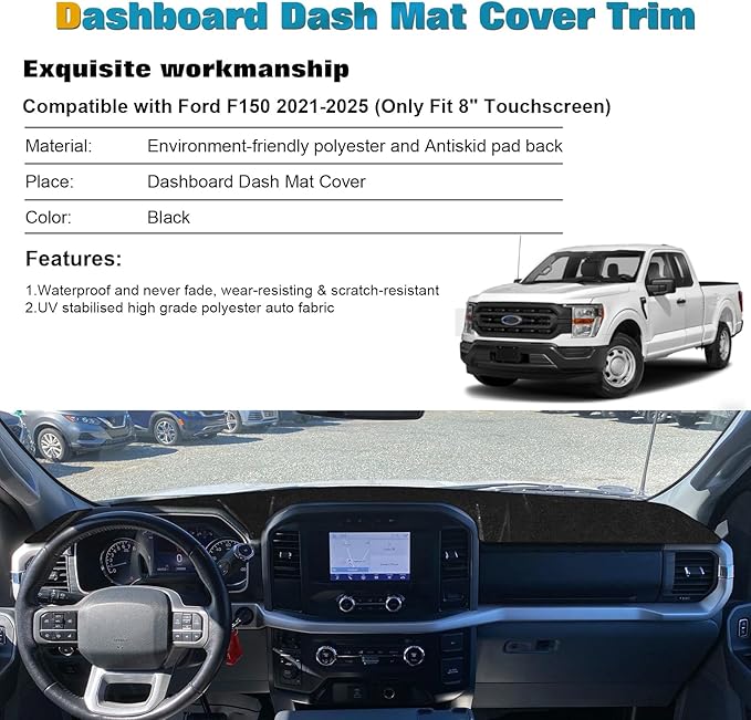 x xotic tech Center Console Dashboard Mat Compatible with Ford F-150 F150 2021 2022 2023, Pre-Cut Non-Slip Sunshield Sun Glare Protector Dash Carpet Pad Black Cover (only fit 8 inch Screen)