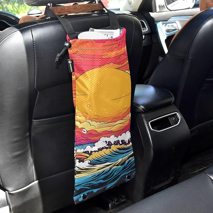 ALAZA Hanging Car Trash Bags Garbage Bag Trash Can for Back Seat Small Sea Wave Sunset Washable Storage Bag Retractable 2 Pack