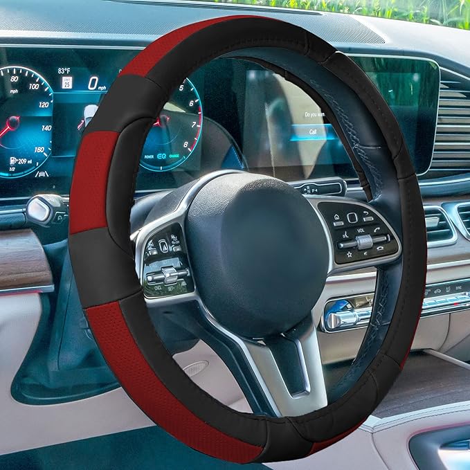 FH Group Universal Fit Deluxe Full Grain Authentic Leather Red Steering Wheel Cover Fits Most Cars, SUVs