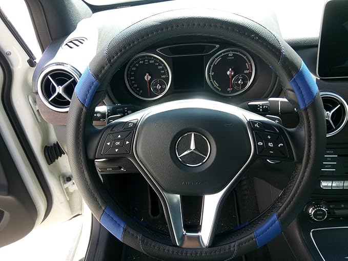 Jdragon Black & Blue PU Leather Best Grip Slip-On Steering Wheel Cover 14.25-15" Diameter