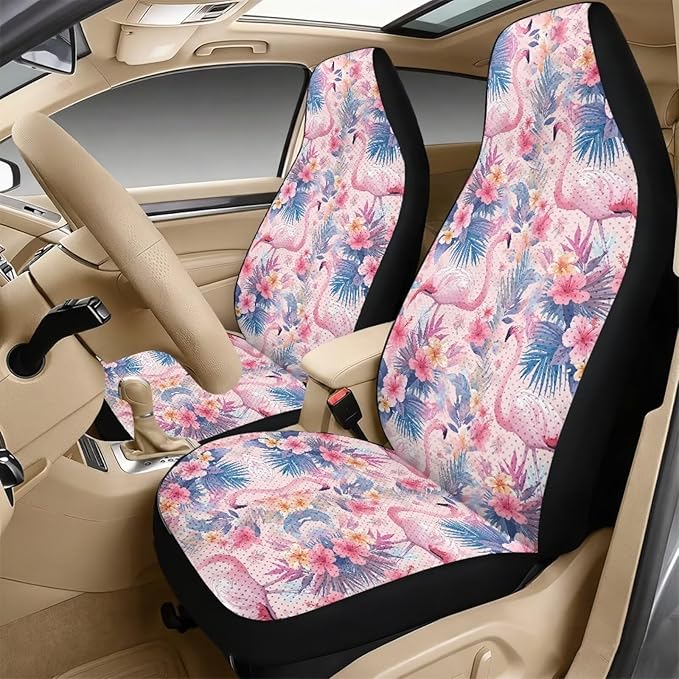 Qeluxign Car Seat Covers Full Set Universal Fit Flamingo Tropical Floral Auto Front Seat Covers and Seatbelt Pads Armrest Cushion Gifts for Women Protect Your Car Interior