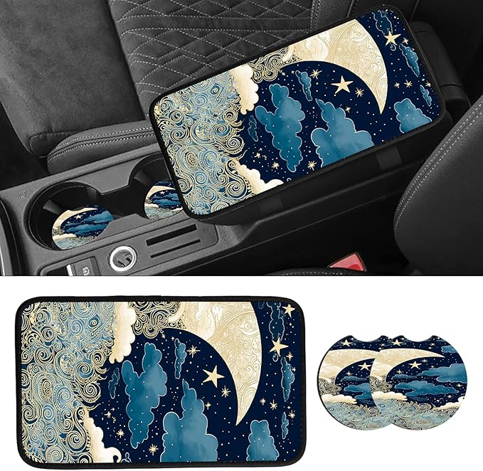 JANENFNA Car Armrest Cover Pads Universal Fashion Cute Auto Center Console Armrest Cover Pad with 2PCS Car Coasters Soft Waterproof Car Armrest Seat Protector for Women,Blue Gold Moon Stars