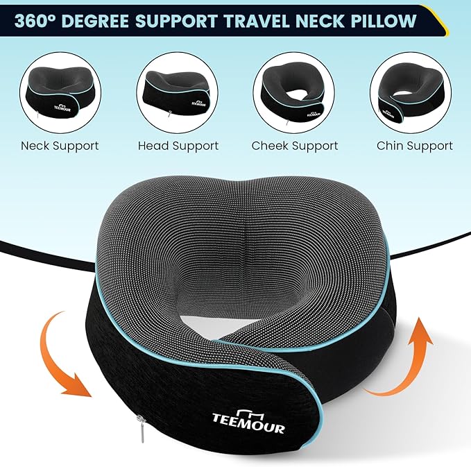 Upgraded Neck Pillow for Airplane Travel - 360° Support Stops Head Bobbing, Memory Foam Travel Pillow With Eye Mask & Earplugs, Portable Carry Bag for Long Flights/Car| Airplane Accessories Black