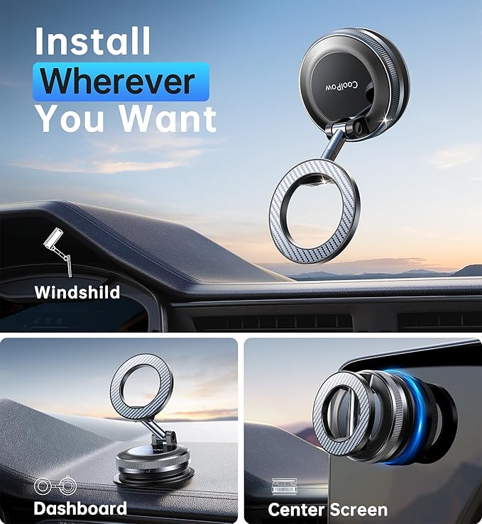 Coolpow【Newest Vacuum Magnetic Phone Holder for Car Phone Holder Mount【Movable Vacuum Suction】 Magsafe Car Mount Cell Phone Holders for Your Car Accessories Interior for Women Men for iPhone 17 16 15
