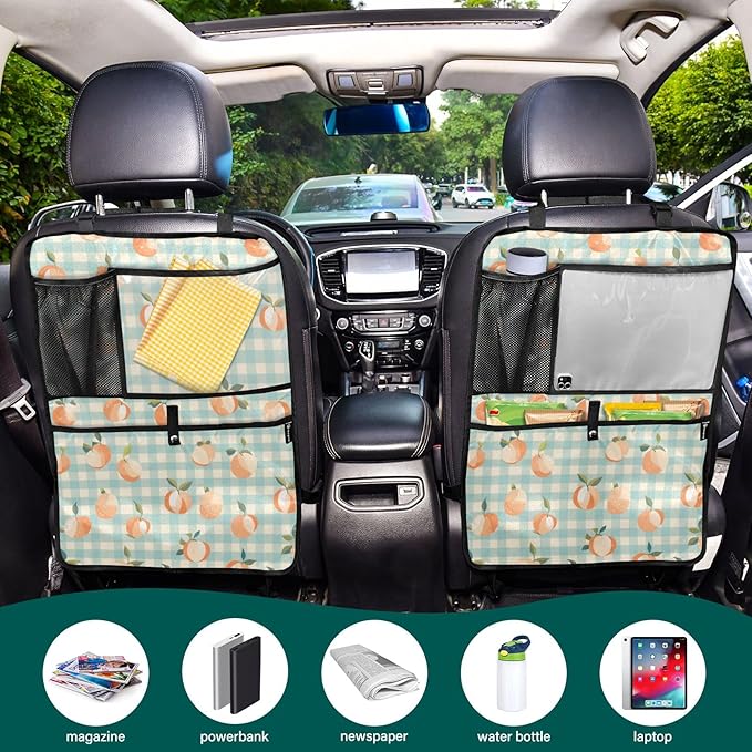 2 Pack Back Seat Car Organizer with Storage Pockets Kick Mats Back Seat Protector Hanging Car Organizer Automotive Seat Back Cover Organizers Peaches Plaid Vacation Style Blue
