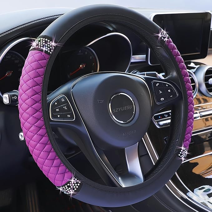 Bling Soft Leather Steering Wheel Cover 15 Inch with Sparkly Diamond Rhinestones for Women and Girls – Elastic Car Accessory for Most Cars (Purple)