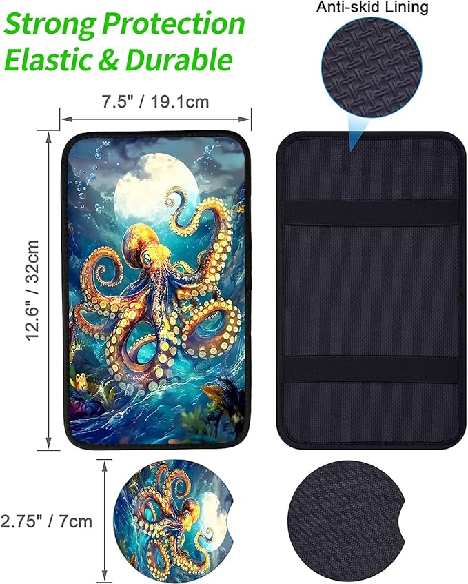 JANENFNA Car Armrest Cover Pads Universal Fashion Cute Auto Center Console Armrest Cover Pad with 2PCS Car Coasters Soft Waterproof Car Armrest Seat Protector for Women,Fierce Octopus