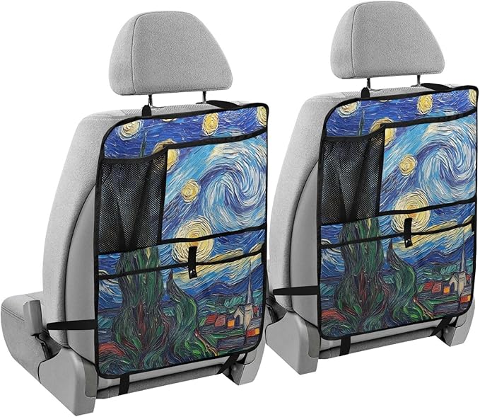 JIPONI Car Backseat Organizer, Van..gogh Starry Automotive Back Seat Protector, Kick Mats with Storage Pockets for Kids Pets, Road Trip Accessories