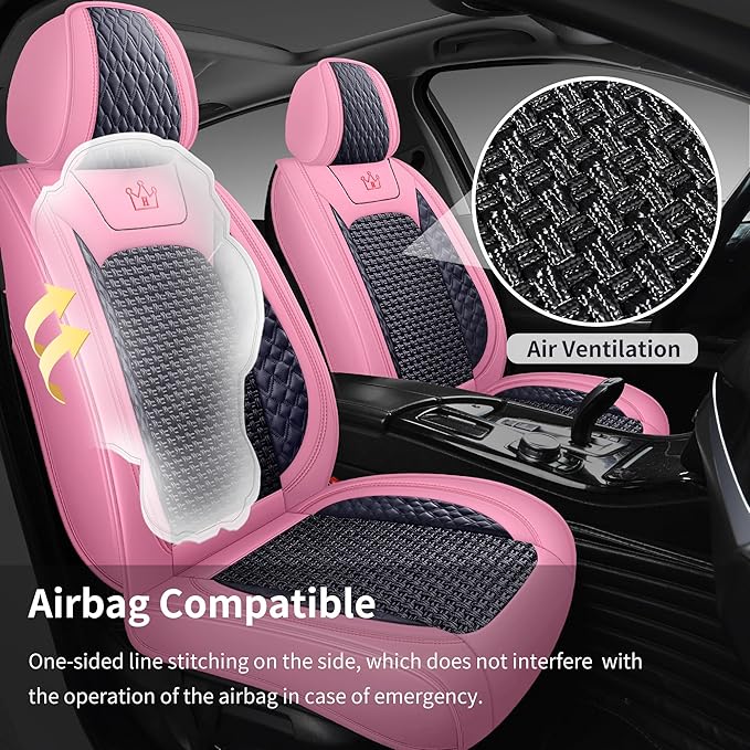 HighnessHwoo Luxury Car Seat Covers Full Set, Breathable Faux Leather Car Seat Protector, Dog Child Kids Summer Ventilated Seat Cushion for Front & Back Seats, Universal (Pink Black, 5 Seats)