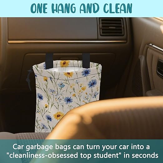 KXWQTRDD Car Garbage Bag Abstract Blue and Yellow Flowers Hanging Canvas Car Trash Bag Drawstring Car Back Seat Organizer for Car Back Front Seat Console with Adjustable Buckle
